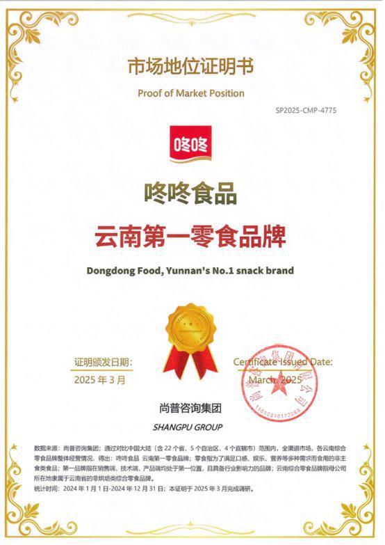 荣获尚普咨询集团系列权威品牌证明麻将胡了知名休闲零食品牌咚咚食品(图5)